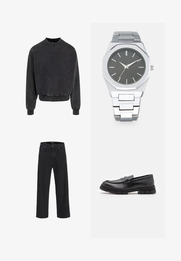 Fekete, rövidített pulóver kerek nyakkivágással, bordás mandzsettákkal és aljjal. Puha anyagból készült, enyhén megkopott megjelenéssel.; Fekete egyenes szárú farmernadrág gombos és cipzáras záródással, övhurkokkal, valamint elülső és hátsó zsebekkel.; Fekete bőr loaferek sima felülettel, elülső pánt részlettel és vastag, bordázott gumitalpakkal.; Ezüst analóg óra nyolcszögletű tokban, szürke számlappal, ezüst órajelzőkkel és rozsdamentes acél link karkötővel. Minimalista design sima felülettel.