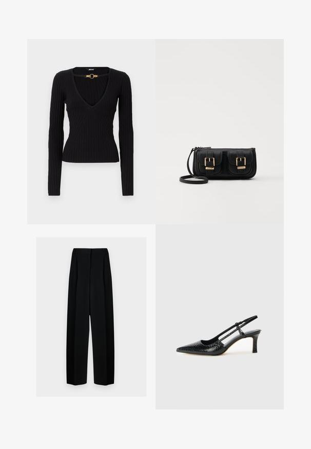 Just Cavalli Strickpullover - black; Schwarze weit geschnittene Hosen mit hoher Taille, die Falten und eine glatte Textur aufweisen. Der Stoff wirkt leicht und fällt elegant.; Schwarze Lack-Slingback-Pumps mit spitzem Zehenbereich, versehen mit strukturiertem Schlangenprint, verstellbarem Riemen und einem kurzen, strukturierten Blockabsatz.; Schwarze Leder-Umhängetasche mit zwei vorderen Taschen, goldenen Schnallen, Reißverschluss und einem schmalen Tragegurt. Texturierte Oberfläche und kompakte rechteckige Form.