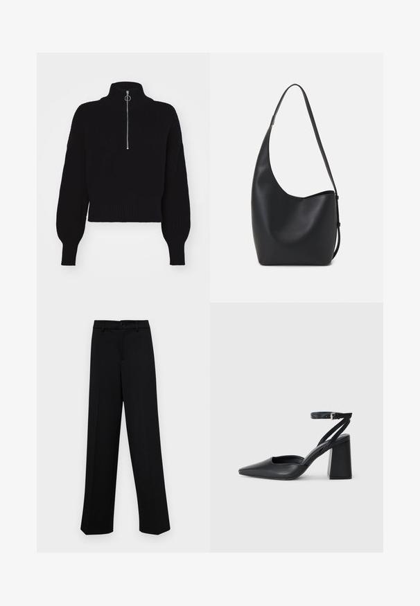 ONLY ONLFOLLY HIGH NECK HALF ZIP - Πουλόβερ - black; Μαύρο παντελόνι φάρδιας γραμμής από μαλακό ύφασμα, με κλασική ζώνη στη μέση που κλείνει με κουμπί και μπροστινές πιέτες.; Μαύρο δερμάτινο ψηλοτάκουνο παπούτσι με οξύ μυτερό τόξο, λουράκι στον αστράγαλο και χοντρό τακούνι. Λείος υφασματισμός, κομψός σχεδιασμός και μινιμαλιστική αισθητική.; Μαύρη δερμάτινη tote τσάντα με λείο υφή, καμπύλο σχήμα και μία ρυθμιζόμενη ζώνη. Διαθέτει μεγάλη άνοιγμα στην κορυφή.
