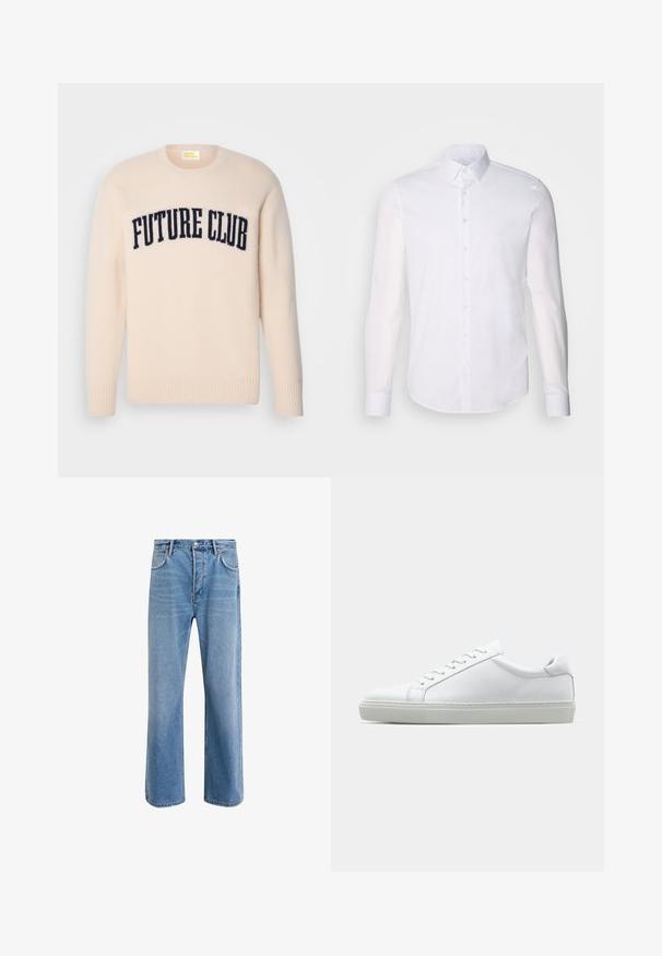 FROM FUTURE Pullover - sable; Chemise blanche à manches longues en coton, dotée d'un col classique, de boutons à l'avant et de détails de couture minimalistes.; Jeans en denim bleu clair avec une coupe droite, cinq poches, fermeture à bouton, peu d'usure et des détails de couture contrastés.; Sneaker blanche avec une tige en cuir lisse et un profil bas. Présente un bout arrondi, six œillets et une semelle en caoutchouc texturé.