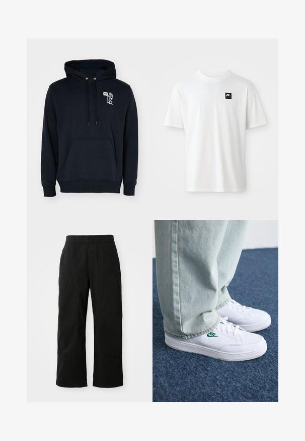 Μαύρη κουκούλα φτιαγμένη από ύφασμα βαμβακερού μείγματος, με μπροστινή τσέπη, κουκούλα με κορδόνι, και λευκό γραφικό σχέδιο στο στήθος.; Λευκό βαμβακερό μπλουζάκι με κοντά μανίκια και στρογγυλή λαιμόκοψη. Διαθέτει μικρό μαύρο ορθογώνιο λογότυπο Nike Air στην αριστερή πλευρά του στήθους.; Μαύρο βαμβακερό παντελόνι με ελαστική μέση, σχεδίαση φαρδιών ποδιών και μεγάλα πλαϊνά τσέπες. Ο ιστός φαίνεται μαλακός με λεία υφή.; Λευκά δερμάτινα sneakers με πράσινο λογότυπο Nike, στρογγυλή μύτη, επίπεδη σόλα, συνδυασμένα με ανοιχτό μπλε τζην παντελόνι, τοποθετημένα σε μπλε χαλί.