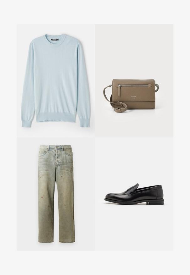 Gaiši zils džemperis, izgatavots no mīkstas materiāla, ar klasisku apaļu kakla izgriezumu, garām piedurknēm un ribotām aprocēm un apakšmalu.; Izsistās džinsās gaisā zaļā krāsā, ar taisnu kāju, piecu kabatu dizainu un nevienmērīgu izbalēšanu, kā arī krāsas šļakatas.; Melnas ādas kurpes ar gludu tekstūru, noapaļu purngalu un dekoratīvu siksniņu pāri priekšpusei. Zems sakrauts papēdis, minimālisma dizains.; Taupe krāsas ādas pleca soma ar rāvējslēdzēja priekšējo kabatu, regulējamu siksnu, akmens tekstūru un iegravētu logo priekšpusē.