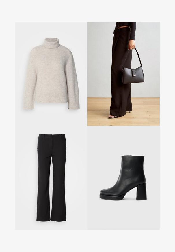 Light grey turtleneck sweater made of textured fabric. Features a ribbed collar and cuffs, with a small logo detail at the hem.; Black cotton blend trousers with a straight-leg design, front button closure, and two side pockets. Smooth texture, no visible patterns.; Black leather ankle boot with a block heel and platform sole, viewed from the side on a plain white background.; Black handbag with structured shape, smooth texture, and a metallic clasp. Paired with wide black pants and open-toe sandals on wooden floor.