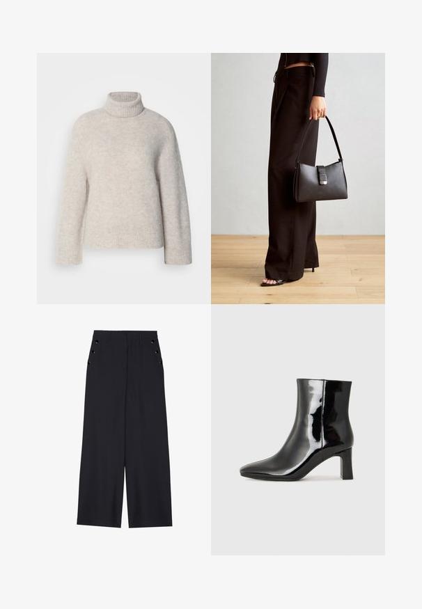 Hellgrauer Rollkragenpullover aus strukturiertem Stoff. Mit geripptem Kragen und Bündchen, sowie einem kleinen Logodetail am Saum.; Weite Hosen aus dunkelblauem Stoff mit einer glatten Textur, Vorderfalten und dekorativen goldfarbenen Ösen an den Seitentaschen.; Schwarzer Lackleder-Stiefelette mit spitzer Zehe und einem mittelhohen Blockabsatz. Glatte Textur und minimalistisches Design.; Schwarze Handtasche mit strukturierter Form, glatter Textur und einem metallischen Verschluss. Kombiniert mit weiten schwarzen Hosen und offenen Sandalen auf einem Holzboden.