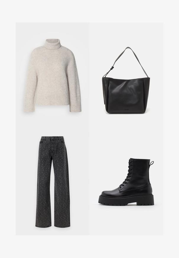 Lichtgrijze coltrui van gestructureerde stof. Heeft een geribde kraag en manchetten, met een klein logo-detail aan de onderrand.; Noisy May NMJANNEL LOOSE - Relaxed fit jeans - black denim; Zwarte leren enkelboots met een ronde neus, vetersluiting aan de voorkant en een dikke rubberen zool met een gestructureerd profiel. Trekbandje aan de achterkant.; Calvin Klein GRACIE MEDIUM - Handtas - black; Zilveren hoepel oorbellen met een minimalistisch ontwerp. Cirkelvormig, gladde textuur en dun profiel. Lichtgewicht met een gepolijste afwerking.