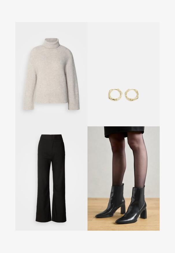 Šviesiai pilkas golfas pagamintas iš tekstūruotos medžiagos. Pasižymi raukšlėta apykakle ir rankogaliais, o apatinėje dalyje yra mažas logotipo elementas.; Juodos plačios kelnės su lygiu paviršiumi, aukšta liemeni, ir švariu dizainu. Nėra matomų kišenių ar papuošimų.; Juodos odinės aulinės botai su smailiu priekiniu galiuku, masyviu kvadratiniu kulnu ir elegantišku dizainu. Yra elastingos šoninės detalės, kad būtų lengva užsidėti.; Aukso žiedo auskarai su tekstūruotu, netaisyklingu paviršiumi. Yra be siūlių užsegimas ir poliruotas paviršius, akcentuojantis modernų dizainą.