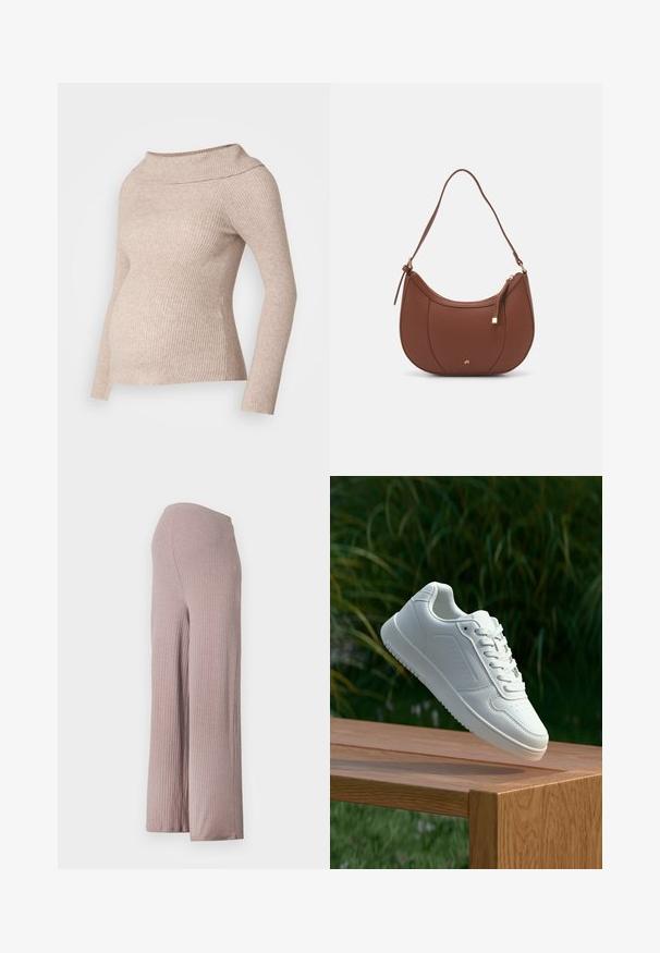 Lys beige ribbet graviditetstrøje med en bred, foldet krave og lange ærmer, designet med en tætsiddende form, der rummer en voksende mave.; Lyserøde, ribbede bukser med bred benvidde og en sømløs talje, der har et blødt, struktureret stof og en afslappet silhuet.; Hvid sneaker med en glat syntetisk overdel, perforeret tåboks, flade snørebånd og en tekstureret sål, præsenteret på en træoverflade.; Brun faux læder skuldertaske med buet form, minimal syning og en guldtonet hardwaredetalje. Har en top lynlåslukning og justerbar rem.