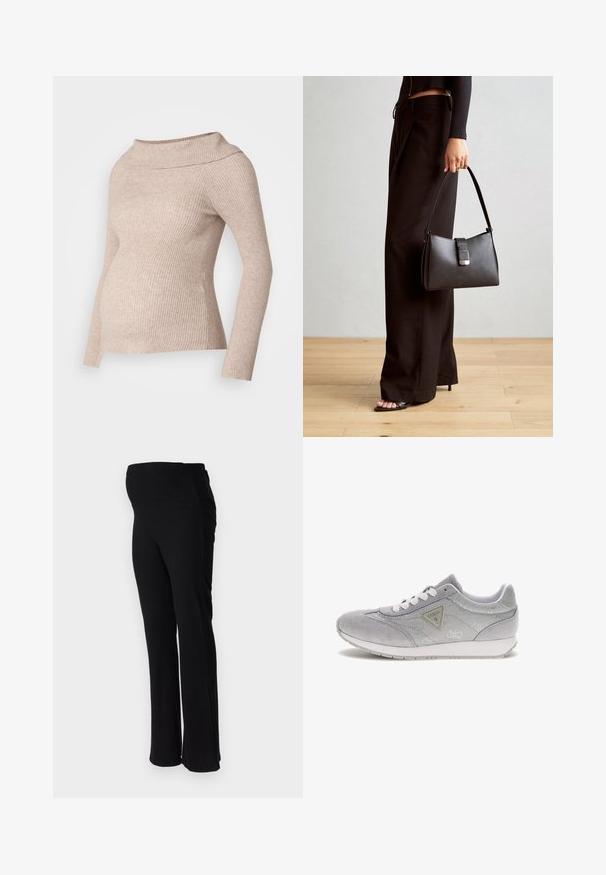 Lys beige ribbet graviditetstrøje med en bred, foldet krave og lange ærmer, designet med en tætsiddende form, der rummer en voksende mave.; ONLY MATERNITY OLMHALLE - Bukser - black; Grå ruskinds sneakers med tekstureret overflade, hvide snørebånd og et trekantet logo på siden. Har en hvid gummisål og polstret krave.; Sort håndtaske med struktureret form, glat overflade og metalspænde. Sammen med brede sorte bukser og sandaler med åben tå på trægulv.