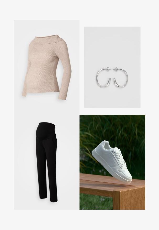 Šviesiai smėlio spalvos raukšlėtas nėštumo megztinis su plačiu, sulankstytu apykaklės kraštu ir ilgomis rankovėmis, sukurtas taip, kad būtų prigludęs ir prisitaikytų prie augančio pilvo.; Juosmens kelnės nėščioms moterims juodos spalvos, su tampriomis juosmens juostomis patogumui, šoninėmis kišenėmis, tiesių kojų dizainu ir švelnaus audinio tekstūra.; Balti sneakeriai su lygia sintetine viršutine dalimi, perforuota pirštų zona, plokščiomis raištelėmis ir tekstūruotu padu, padėti ant medinės paviršiaus.; Sidabrinės auskarai žiedai su lygiu, blizgiu paviršiumi. Suapvalinta forma, lengvas dizainas, su uždarymu ant smeigtuko.