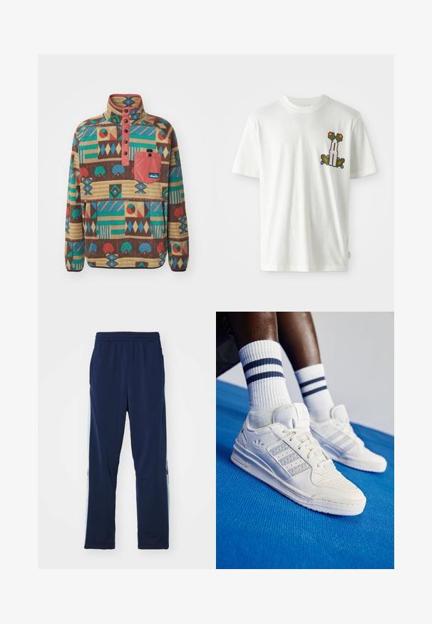 KAVU TEANNAWAY - Felpa in pile - multi-coloured; Maglietta bianca in cotone con un design grafico colorato sul petto sinistro, raffigurante fiori e una torre in accenti verdi, arancioni e blu.; Pantaloni da jogging navy realizzati in tessuto elasticizzato, con una ampia cintura elastica, taglio dritto e leggeri pannelli laterali con dettagli logo.; Sneaker bianchi in pelle con dettagli perforati, tre strisce metalliche e un pannello laterale testurizzato. Indossati con calzini bianchi con strisce blu.