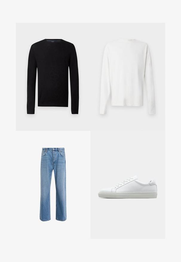 Zwarte trui met een ronde halslijn en lange mouwen. Heeft een textuurpatroon en geribbelde manchetten voor een getailleerde silhouette.; Witte katoenen blouse met lange mouwen en een ronde halslijn, met zijsplitten aan de onderkant en een gladde textuur, vanuit de achterkant weergegeven.; Lichtblauwe denim jeans met een straight-leg ontwerp, vijf zakken, knoopsluiting, minimale vervaging en contrasterende stikseldetails.; Witte sneaker met een gladlederen bovenwerk en een laag profiel. Voorzien van een ronde neus, zes vetergaatjes en een gestructureerde rubberen zool.