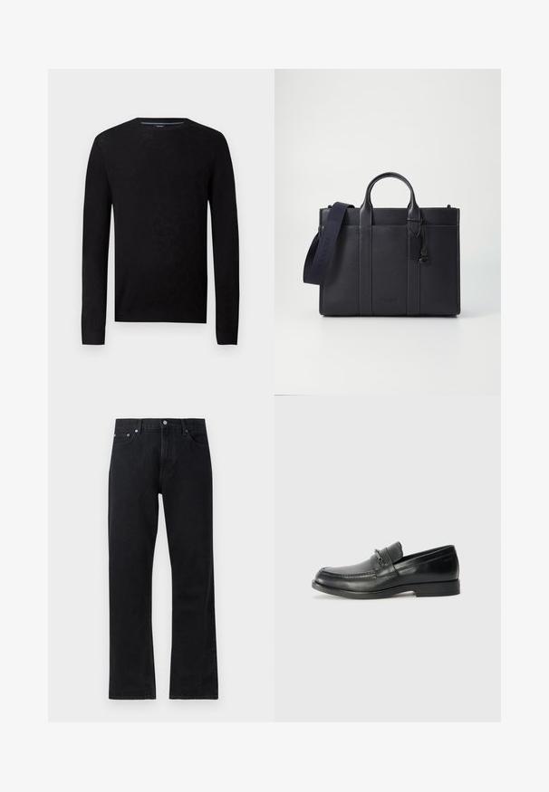 Maglione nero con scollatura rotonda e maniche lunghe. Presenta un motivo testurizzato e polsini a coste per una silhouette aderente.; Jeans in denim nero con un design a gamba dritta, caratterizzati da una chiusura con bottone, stile a cinque tasche e dettagli di cucitura sottili.; Mocassini in pelle nera con punta arrotondata, caratterizzati da un design cucito, una piccola fascetta frontale con dettagli in metallo e una suola piatta in gomma.; Cartella in pelle blu scuro con doppio manico superiore e tracolla removibile. Presenta una finitura texturizzata, cuciture verticali e dettaglio del logo.