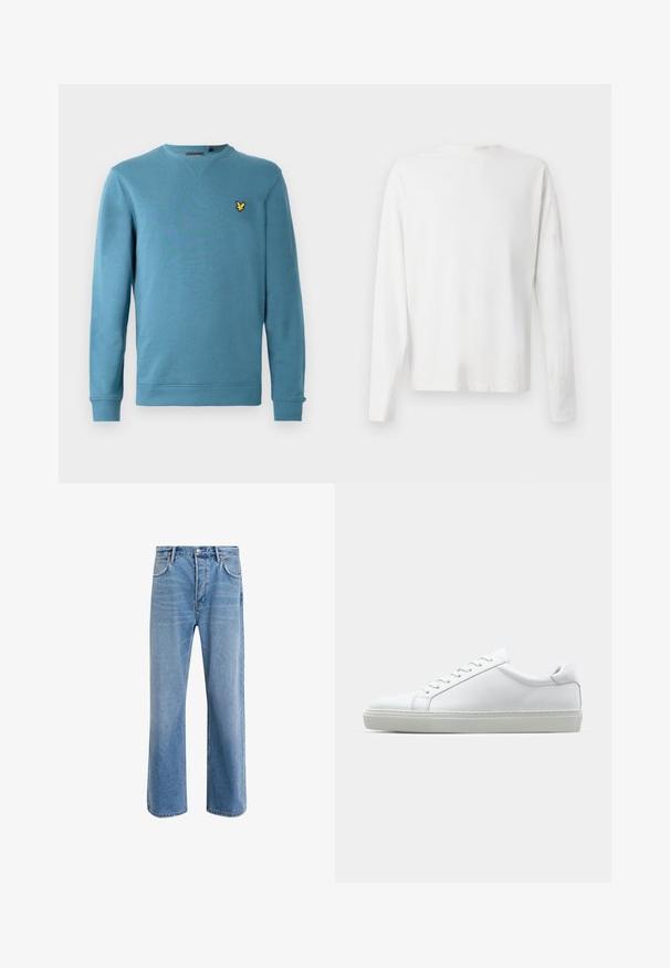 Světle modrá mikina s kulatým výstřihem vyrobená z měkkého materiálu, s žebrovanými manžetami a lemem, s malým žlutým vyšitým logem na hrudi.; Bílá bavlněná košile s dlouhým rukávem a kulatým výstřihem, s bočními rozparky na spodní části a hladkým povrchem, vystavená zezadu.; Světle modré džínové kalhoty s rovnými nohavicemi, pěti kapsami, zapínáním na knoflík, minimálním vyblednutím a kontrastním prošitím.; Bílé tenisky s hladkým koženým svrškem a nízkým profilem. Mají zaoblenou špičku, šest nýtů a texturovanou gumovou podrážku.