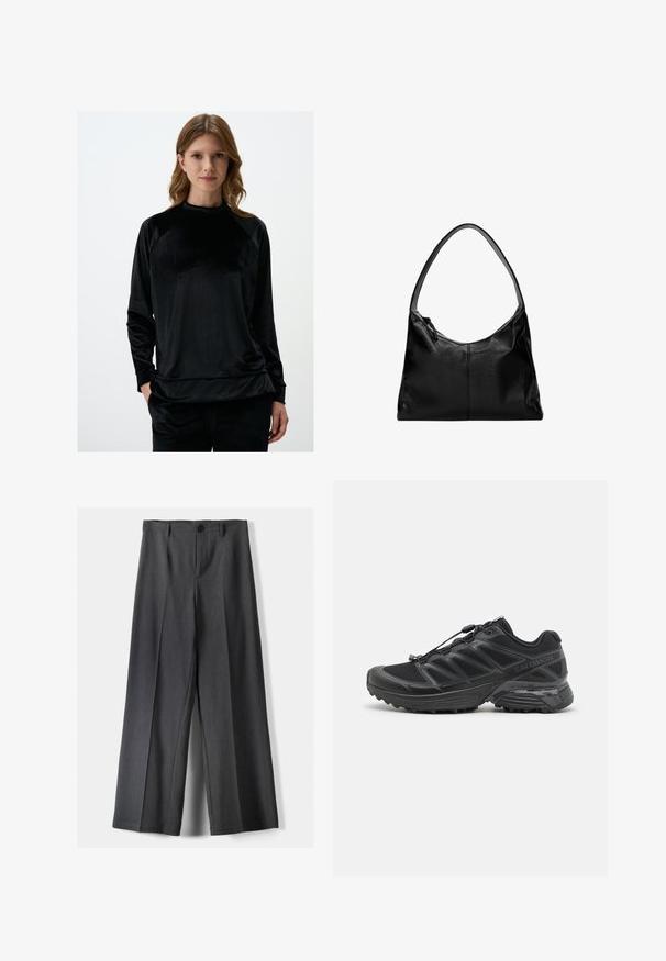 Top lungo in velluto nero a maniche lunghe con collo alto, caratterizzato da una vestibilità comoda e maniche raglan, che mostra una texture liscia e una leggera lucentezza.; Pantaloni a gamba larga in tessuto grigio scuro, dotati di chiusura con bottone, pieghe frontali e passanti per cintura. Texture liscia con un design su misura.; Scarpa da corsa nera con tomaia in mesh e sintetico, suola flessibile e lacci elastici. Presenta una soletta imbottita per il comfort.; Borsa a spalla in pelle nera con una texture liscia, una parte superiore curva e una sola tracolla. Presenta una chiusura con zip e un design minimalista.