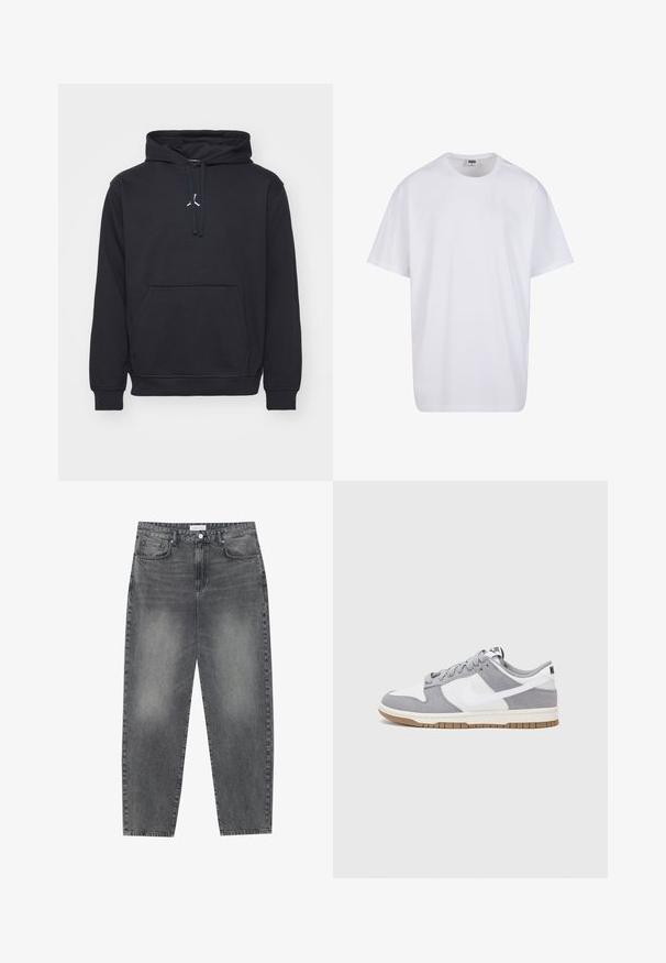 Felpa nera con cappuccio in misto cotone. Presenta una tasca a marsupio, polsini a coste e un piccolo logo bianco sul petto.; Maglietta bianca in cotone con maniche corte, scollatura rotonda, vestibilità comoda e senza loghi o motivi visibili. Texture liscia e design minimale.; Jeans a vita alta, dal taglio ampio in denim nero sbiadito. Presentano cinque tasche, passanti per cintura e un design dritto e pulito.; Sneaker grigia e bianca con tomaia in suede e pelle, punta arrotondata, lacci piatti e soletta in gomma con un accento color caramello.