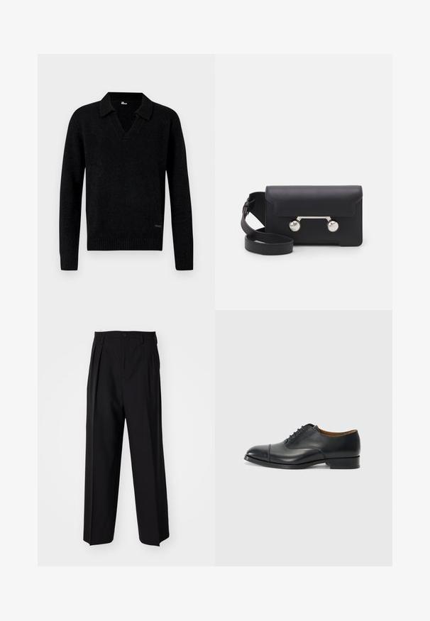 Maglione nero a maniche lunghe in maglia con scollo a V e polsini e orlo a coste, mostrato su uno sfondo neutro.; Pantaloni neri a pieghe con un design dritto e gamba larga. Realizzati in tessuto morbido, con chiusura a bottone e passanti per cintura.; Scarpa da donna nera in pelle con finitura liscia, punta arrotondata, cinque passanti per i lacci e tacco basso a blocco. Design minimalista con cuciture sottili.; Borsa a tracolla in pelle nera con chiusura a patta, hardware in tonalità argento e due accenti tondi. Dotata di una tracolla removibile. Texture liscia.