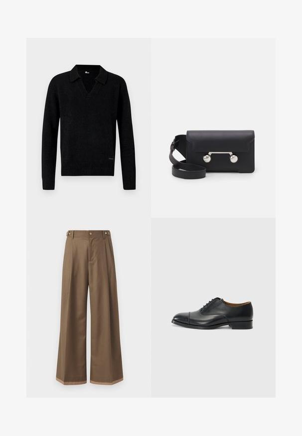 Maglione nero a maniche lunghe in maglia con scollo a V e polsini e orlo a coste, mostrato su uno sfondo neutro.; Pantaloni a gamba larga in un tessuto marrone scuro, con due tasche laterali, due bottoni decorativi frontali e un dettaglio a contrasto all'orlo.; Scarpa da donna nera in pelle con finitura liscia, punta arrotondata, cinque passanti per i lacci e tacco basso a blocco. Design minimalista con cuciture sottili.; Borsa a tracolla in pelle nera con chiusura a patta, hardware in tonalità argento e due accenti tondi. Dotata di una tracolla removibile. Texture liscia.