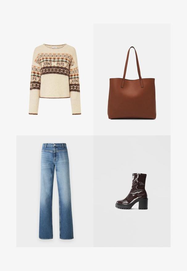 Maglione color crema con maniche lunghe, caratterizzato da un motivo a maglia geometrico in marrone, arancione e teal. Collo rotondo e design cropped.; Jeans in denim blu chiaro con vita alta, design a gamba dritta, lavaggio sbiadito e stile classico a cinque tasche. Completati con chiusura a bottone.; Stivale alla caviglia bordeaux lucido con un tacco spesso nero, caratterizzato da una superficie liscia e un design semplice. Nessuna chiusura visibile o motivo.; Borsa tote in pelle marrone con texture liscia, design con apertura superiore e due spallacci. Presenta cuciture minime e nessun hardware visibile.