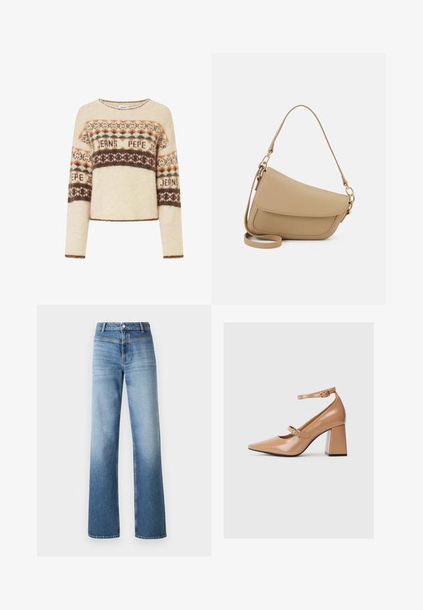 Kremna pulover z dolgimi rokavi, z geometrijskim pletenim vzorcem v rjavi, oranžni in teal barvi. Okrogli izrez in krajša zasnova.; Svetlo modri jeans s visokim pasom, ravno krojenje, zbledelim pranjem in klasičnim pet-pocket stilom. Zaključeni z gumbom za zapiranje.; Bež lakirane visoke pete z uskim nosom, z zapenjanjem okoli gležnja in debelim kvadratnim peto. Gladka tekstura z sijajnim zaključkom.; Even&Odd Torbica - beige