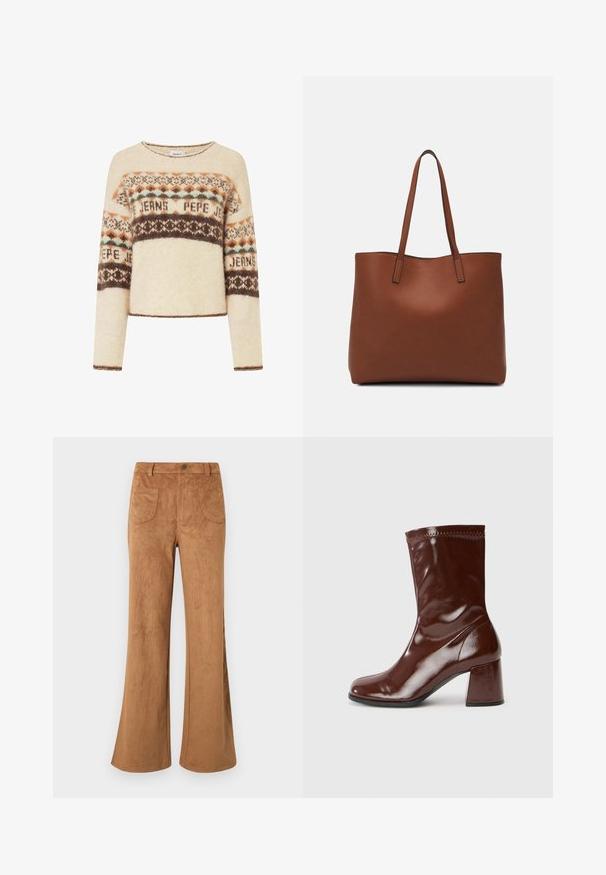 Kreminės spalvos megztinis su ilgomis rankovėmis, pasižymintis geometriniu raštu rudos, oranžinės ir teal spalvų. Apvalus iškirpimas ir trumpa konstrukcija.; Rudi zomšos flared kelnės, turinčios aukštą liemenį, priekinius ir galinius kišenes bei lygų paviršių. Sukurtos, kad būtų laisvos visame kojoje.; Rudos blizgūs kulkšniniai batai su apvaliu pirštu, blokuotu kulnu, priglundančiomis ašelėmis ir dekoratyvine siuvinėjimu viršuje.; Ruda odinė priekabų krepšys su glotnia tekstūra, atviru viršumi ir dviem petnešomis. Su minimalia siuvimo detalėmis ir nematoma aparatūra.