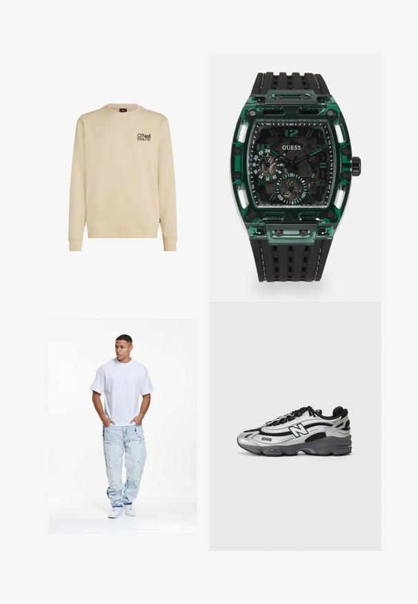Sudadera de cuello redondo color beige, fabricada con una mezcla de algodón, con un pequeño logo negro en el pecho. Los puños y el dobladillo de canalé completan el diseño.; Camiseta de algodón blanca, de corte holgado, combinada con unos vaqueros de denim azul claro desgastados que presentan bordes deshilachados y salpicaduras de pintura negra.; Zapatillas deportivas plateadas y negras con parte superior de malla, suela acolchada, diseño de cordones y detalle de marca en el costado.; Reloj Guess con caja rectangular de plástico verde, correa de goma texturizada negra y múltiples esferas con números y acentos en negrita.