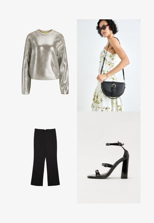 Metalna srebrna pulover jopica z teksturirano pleteno zasnovo, krojenega izrezanega vratu in rebrastimi manšetami. Lahka in nekoliko prevelika kroja.; Črne hlače ravnega kroja z naglavnimi žepi in stranskimi razporki na robu. Narejene iz mehke, gladke tkanine. Primerne za različne priložnosti.; Črne lakirane sandale s peto, kvadratnim prstom, trakovi okrog gležnja in srebrnimi zaponkami. Opremljene so s stabilno Debelo peto.; Črna usnjena torbica s ukrivljeno obliko, z odstranljivo naramnico in zlatimi dodatki. Torbica ima pokrov s podrobnostmi v obliki zaponke.