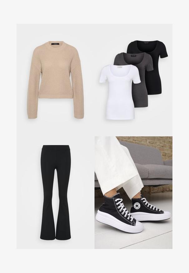 Bees värvitud kudumidega sviiter, millel on ümmargune kaelus, pikad varrukad ja lühike lõige. Tekstuuriga kangas sisaldab peent soonikmustrit.; Kolm mugavat T-särki valges, hallis ja mustas värvitoonis. Igal särgil on lai madal kaelus ja lühikesed varrukad. Valmistatud siledast, venivast kangast.; Mustad flared püksid venivast kangast, kõrge vöökoht ja sile tekstuur. Püksid laienevad põlve kohalt.; Mustad kõrge säärega tossud valgete kummist tallade ja paeltega. Omad ümmargust logomärki ja kontrastset valget õmblust. Materjaliks lõuend.