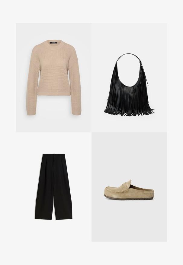Pulover crem tricotat cu guler rotund, mâneci lungi și croială scurtă. Materialul texturat are un model fin de nervuri.; Pantaloni negri cu croi larg, confecționați dintr-un material satinat, cu talie înaltă, pliseuri în față și fără embellishments sau modele vizibile.; Birkenstock NAPLES WRAPPED LEVE TAUPEN - REGULAR - Papuci - taupe; Geantă din piele neagră cu detalii franjurate, formă curbată și un singur mânere pentru umăr. Textură netedă și un design minimalist general.