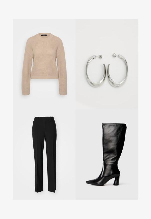 Beige knitted sweater with a round neckline, long sleeves, and a cropped fit. Textured fabric features a subtle ribbed pattern.; Black tailored trousers with a straight-leg design, featuring a smooth texture and crisp creases along the front. No visible hardware.; Knee-high black leather boot with a pointed toe, smooth texture, and a chunky heel. Features a zipper detail at the back.; Silver hoop earrings with a smooth, curved design. Features a shiny metallic finish and stud closure. No visible patterns or accents.