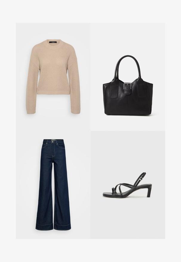 Beige strikket genser med rund hals, lange ermer og kort passform. Den teksturerte stoffen har et subtilt ribbet mønster.; Mørkeblå høyt liv vide jeans med frontlommer, beltehemper, knappelukking og synlig søm på hvit bakgrunn.; Sorte sandaler med stropper, firkantet tå og lav blokk hæl. Har flere tynne stropper og en justerbar ankelstropp. Laget av glatt lær.; Svart skinn toteveske med jevn tekstur, strukturert form, to håndtak og en fremtredende sølvspenne foran.