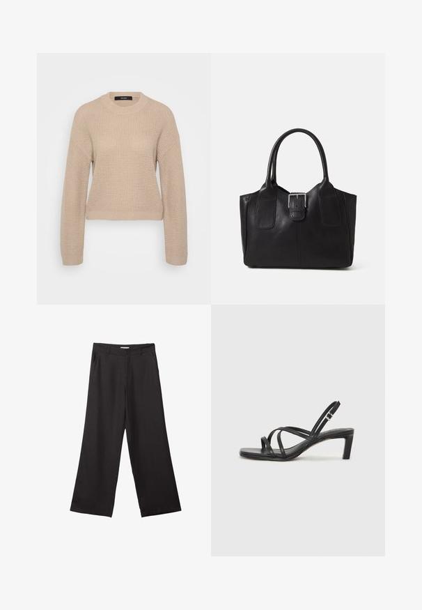 Beige gestrickter Pullover mit rundem Ausschnitt, langen Ärmeln und cropped Passform. Das strukturierte Material weist ein dezentes Rippenmuster auf.; Schwarze weite Hosen aus glattem Stoff, mit einem Reißverschluss vorne und zwei seitlichen Taschen, maßgeschneiderter Passform und minimalistischem Design.; Schwarze Sandale mit Riemchen, quadratischer Zehenform und niedrigem Blockabsatz. Verfügt über mehrere dünne Riemen und einen verstellbaren Knöchelriemen. Hergestellt aus glattem Leder.; Schwarze Leder-Tote mit glatter Textur, strukturiertem Design, zwei Griffen und einem auffälligen silbernen Schnallen-Detail auf der Vorderseite.