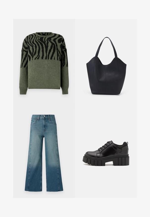 Zebra-muster Pullover in Dunkelgrün und Schwarz, gestrickte Textur, Rundhalsausschnitt, lange Ärmel, mit kontrastierendem Design im oberen Bereich.; Weite Jeans in einem mittelblauen Waschung, mit einem Farbverlauf von dunkler zu heller. Hergestellt aus Denim mit einem traditionellen Fünf-Taschen-Design.; Schwarze Lederplateauschuhe mit klobigem Blockabsatz, runder Zehenpartie und traditionellem Schnürdesign. Verfügt über eine glatte Textur und minimale Details.; Schwarze Tote-Bag aus glattem Leder, mit einem abgerundeten, offenen Oberteil, zwei Schulterträgern und einem minimalistischen Design.