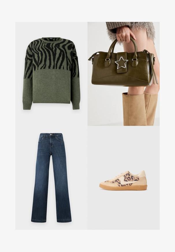 Pulover z zebrastrukturnim vzorcem v temno zeleni in črni barvi, pletena tekstura, okrogla ovratnica, dolgi roki, z kontrastnim dizajnom v zgornjem delu.; Temno modri kavbojki z širokimi hlačnicami, ki imajo pet žepov in sprednje zapiranje na gumb. Gladka tekstura in klasični šivi.; Teniske s leopardjim vzorom z zgornjim delom iz bež semiša, rjavim gumijastim podplatom in belimi detajli. Okrogla konica in vezenje z vezalkami ter teksturirana površina.; Olivnozeleno usnjeno ročno torbico z srebrno zvezdo, dvema ročajema in zadrgo. Teksturna površina in strukturirana oblika.