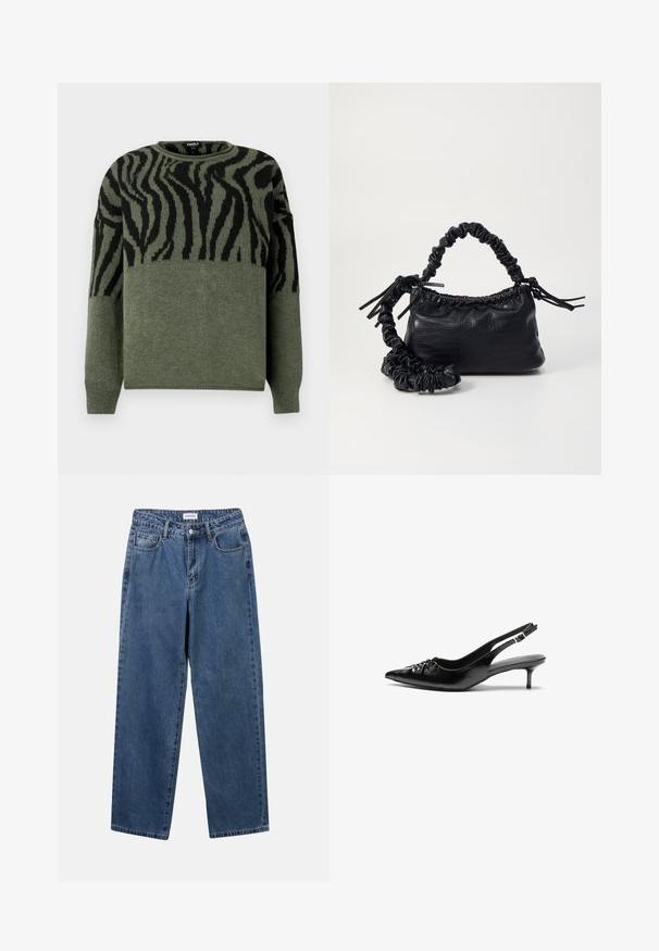 Zebra-patroon trui in donker groen en zwart, gebreide textuur, ronde hals, lange mouwen, met contrasterend ontwerp op het bovenste gedeelte.; Klassieke blauwe denim jeans met een rechte pijp, vijf zakken en een knoopsluiting. Heeft een middelgrote wasbeurt en stevige textuur.; Zwarte leren slingback hakken met een spitse neus, kleine kittenhak en een decoratieve knoopdetail aan de voorkant. Smooth textuur overal.; Zwarte nepleer handtas met een krokodillenstructuur, opgedroogde bovenkant en een gekreukte hengsel. Het lijkt zacht en compact van ontwerp.