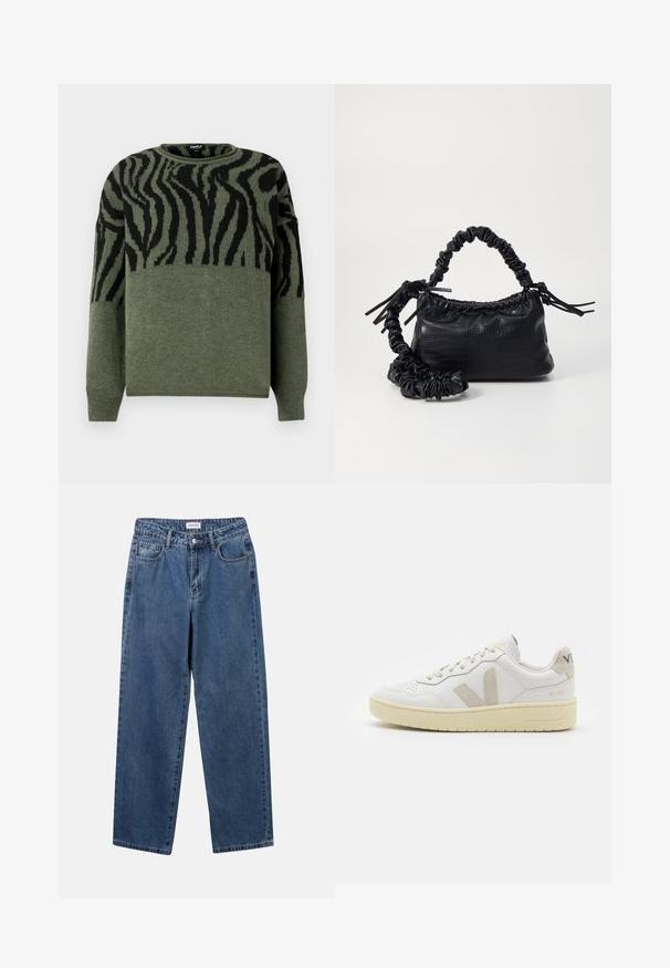 Sötétzöld és fekete zebramintás pulóver, kötött textúrával, kerek nyakkal, hosszú ujjal, a felső részen kontrasztos dizájnnal.; Klasszikus kék farmernadrág egyenes szárú dizájnal, öt zsebbel és gombos zárással. Közepes mosású és strapabíró textúrával rendelkezik.; Fehér bőr sneaker bézs velúr részletekkel, perforált orr résszel, lapos fűzőkkel és textúrált krémszínű talppal. Finom márkajelzés található a sarkán.; Fekete műbőr kézi táska krokodil bőr textúrával, összehúzható tetejű és gyűrt pánttal. Lágy és kompakt dizájnúnak tűnik.