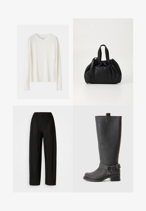 Maglione leggero color crema con maniche lunghe, colletto e orlo a coste, realizzato in morbido yarn, caratterizzato da un design semplice.; Pantaloni neri a gamba larga plissettati con vita elastica. Il tessuto presenta pieghe verticali e una consistenza liscia.; Stivale nero in pelle alta fino al ginocchio con finitura texturizzata, caratterizzato da un'accento a fibbia laterale e un tacco basso. Cuciture dettagliate lungo le cuciture.; Borsa a tracolla in pelle nera con design a cima arricciata, dotata di due manici corti e di una lunga tracolla regolabile. Texture liscia, forma arrotondata.