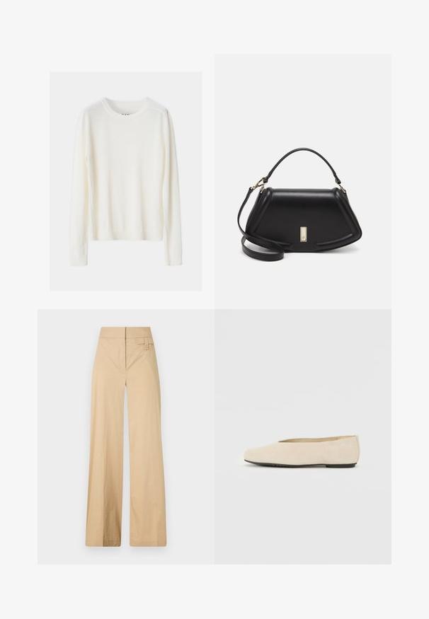 Leichter, cremefarbener Pullover mit langen Ärmeln, geripptem Ausschnitt und unterem Saum, aus weichem Strickmaterial gefertigt und mit einem schlichten Design.; Beige weite Hosen aus Baumwollmischgewebe. Sie haben eine glatte Textur, einen elastischen Bund und eine seitliche Knopfdetail.; Beige Wildleder Ballerinas mit abgerundeter Zehenpartie, flacher Sohle und minimalistischem Design. Glatte Textur ohne sichtbare Beschläge oder Verzierungen.; Schwarze Lederhandtasche mit einem strukturierten Design, das eine verkürzte Form, einen oberen Griff und goldfarbene Hardware-Details aufweist. Verstellbarer Schulterriemen ist enthalten.