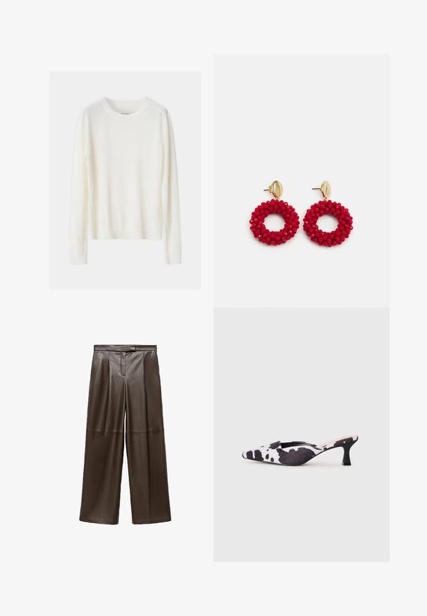 Pull léger de couleur crème avec des manches longues, col et ourlet inférieur côtelés, fabriqué à partir d'un matériau en tricot doux, présentant un design simple.; Pantalon large en cuir marron avec une texture lisse, présentant des plis sur le devant et un design de taille classique.; Talons slingback à bout pointu en design imprimé vache noir et blanc. Tige en tissu avec finition texturée et un fin talon noir.; Boucles d'oreilles en forme de créoles avec des perles rouges, dotées d'une surface texturée et d'un fermoir en métal doré. Forme circulaire avec un centre ouvert et des détails en perles arrondies.