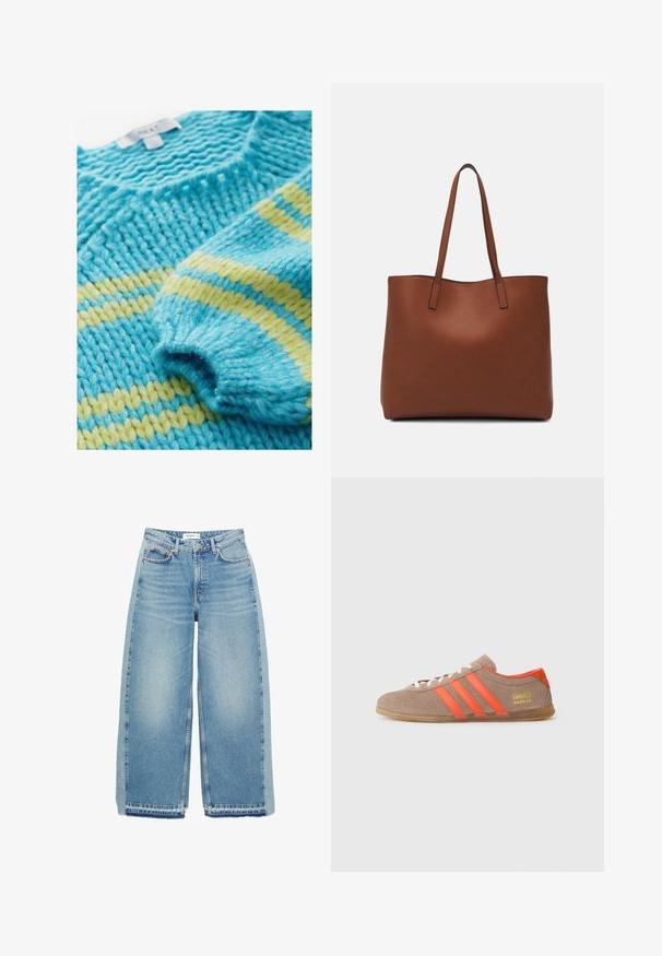 Kötött pulóver, textúrált mintával, türkiz és sárga csíkokkal. Vastag fonalának köszönhetően tömör, kényelmes megjelenést biztosít.; Világoskék, bőszárú farmernadrág, magas derekú, gombos záródással, elülső zsebekkel és nyers szegéllyel.; Barna velúr edzőcipő három élénk narancssárga csíkkal, fűzős elülső résszel és arany "Gazelle" felirattal az oldalon. Lapos gumitalp.; Barna bőr vászontáska sima textúrával, nyitott tetejű dizájnnal és két vállpánttal. Minimális varrással és látható hardver nélkül készült.