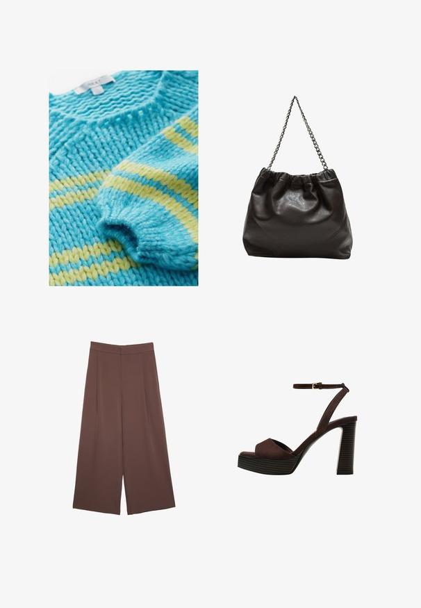 Pleteni pulover z teksturiranim vzorcem, ki vsebuje turkizne in rumene proge. Težka volna daje masiven in udoben videz.; Rjave široke hlače z gladko teksturo, ki imajo visok pas in sprednje naborke. Tkanina je lahka in prosto pada.; Rjave semiš sandale z visoko peto, odprto spredaj, z nastavljivim gležnjenjem in črtastim podplatom.; Rjava usnjena torba z nabranim vrhom in verižnim trakom. Gladka tekstura z sijajno površino in subtilnimi šivi na straneh.