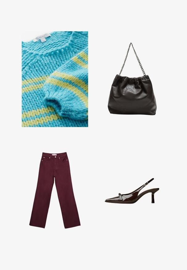 Maglione lavorato a maglia con un motivo testurizzato, caratterizzato da strisce turchesi e gialle. Il filato pesante conferisce un aspetto robusto e accogliente.; Jeans bordeaux a vita alta con design a gamba dritta, dotati di tasche frontali, chiusura con bottone e rifiniture in tono rame.; Scarpa slingback in pelle verniciata marrone con punta appuntita, tacco basso e un accentuato fiocco decorativo nella parte anteriore. Texture liscia e lucente.; Borsa in pelle marrone con parte superiore arricciata e tracolla a catena. Texture liscia con finitura lucida e dettagli di cucitura sottili sui lati.