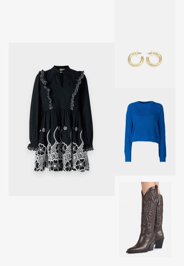 Noisy May NMMAYSA O NECK - Pulover - lapis blue; Rochie neagră cu mâneci lungi, guler volanat și modele florale brodate în alb la margine. Decolteu tip cheie și detaliu cu talie strânsă.; Bocanci de cowboy din piele maro, cu vârf ascuțit și toc pătrat, având cusături detaliate și accente ridicate pe tijă.; Geantă mică de crem cu un finisaj texturat, curea lungă și ajustabilă, accent cu lanț și închidere cu clapetă. Detalii din hardware aurie.; Cercei cercuri din aur cu un finisaj neted și strălucitor. Design circular cu un mic suport și un spate transparent pentru o purtare sigură.