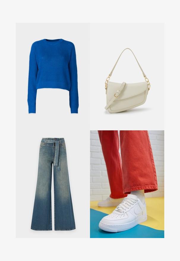 Noisy May NMMAYSA O NECK - Pulóver - lapis blue; Bőszárú farmernadrág, világos és sötétkék árnyalatokkal, magas derekú, övgyűrűkkel és a nadrággal megegyező anyagú övvel. Textúrált farmer kivitel.; Fehér bőr edzőcipő perforált orral, texturált talppal és fehér fűzővel, széles vörös nadrággal párosítva, kék és sárga háttérrel.; Kis krémszínű táska texturált felülettel, hosszú, állítható pánttal, láncos díszítéssel és fedéllel záródik. Aranyszínű fém részletek.; Arany fülbevalók sima, fényes felülettel. Kör alakú dizájn, amely kis kapoccsal és átlátszó tartozékkal rendelkezik a biztonságos viselés érdekében.