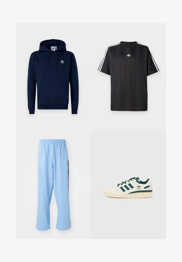 Navyblå hoodie laget av mykt, strukturert stoff. Har en frontlomme, snøring i hetten og hvitt logo på brystet. Enkel design.; Svart t-skjorte med kort erm og hvite tre-stripes detaljer på skuldrene og en liten hvit logo på brystet. Mjuk stofftekstur.; Lyseblå treningsbukser laget av glatt stoff, med elastisk midjebånd og kontrasterende svarte sidestriper.; Hvit sneaker med grønne aksenter. Har tre grønne striper, teksturert tåhette og logo på siden. Gummisåle med teksturert mønster.