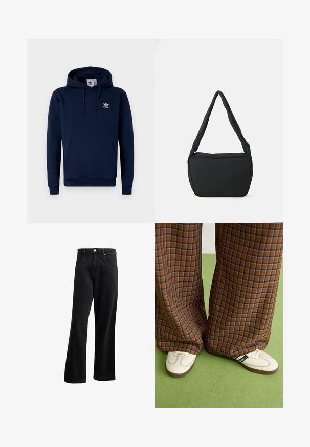 Sudadeira azul-marinho feita de um tecido suave e texturizado. Apresenta um bolso frontal, capuz com cordão e um logótipo branco no peito. Design simples.; Jeans de ganga preta com um design de perna reta, apresentando bolsos frontais, fecho de botão e uma leve textura. Inclui um detalhe de logótipo discreto.; Calças largas em padrão xadrez castanho e azul, combinadas com sapatos brancos com detalhes pretos e solas texturizadas, contra um fundo verde.; Saco preto de ombro com uma textura almofadada, uma forma arredondada e uma alça larga, apresentando um logótipo em relevo na parte da frente.