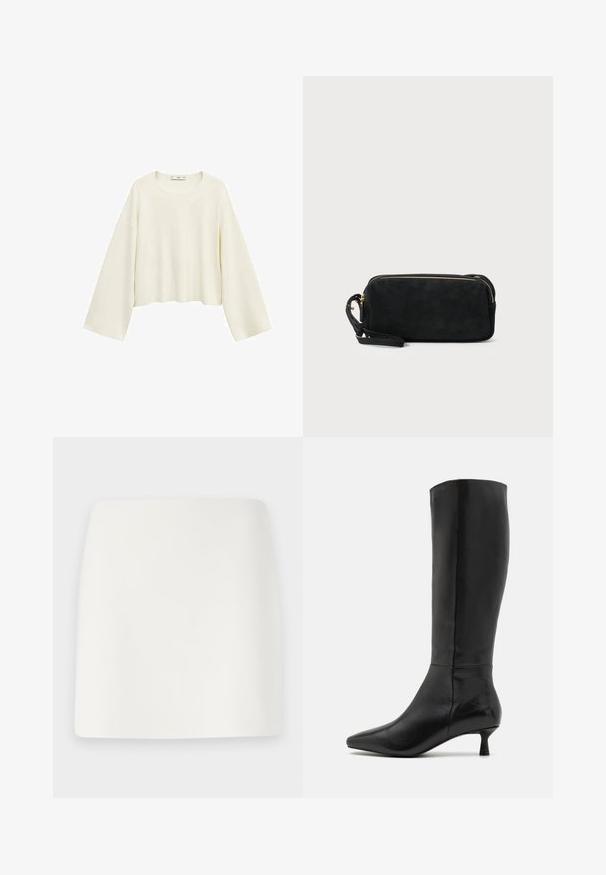 Afskåret langærmet top i blød cremefarvet stof. Har en rund halsudskæring og en afslappet pasform med brede ærmer, hvilket giver et minimalistisk design.; Hvid, tætsiddende miniskørt med en glat tekstur og rene linjer. Ingen synlige mønstre eller hardware. Lige kant i bunden.; Zign Høje støvler/ Støvler - black; Sort ruskinds clutchtaske med lynlås og aftagelig håndledsrem. Har guldfarvet hardware og en glat, mat tekstur.