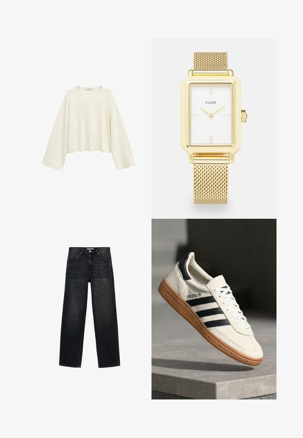 Krátky top s dlhými rukávmi z mäkkej krémovej tkaniny. Má okrúhly výstrih a voľný strih so širokými rukávmi, čo ponúka minimalistický dizajn.; Čierne široké džínsy vyrobené z denimu. S piatimi vreckami, zipsom a gombíkovým zapínaním a s jemným vyblednutím na prednej strane.; Biele semišové tenisky s námorníckymi pruhmi, gumovou podrážkou, textúrovaným zvrškom, okrúhlou špičkou a šnurovaním; obsahujú označenie na boku a jazyku.; Zlaté obdĺžnikové hodinky s bielym ciferníkom, minimalistické hodinové značky a kovový sieťovaný remienok. Obsahuje bočný korunku na nastavenie času.