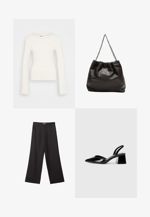 Valkoisessa ribatussa pitkähihhaisessa neuleessa on tiukka siluetti ja koristeltu kaulus, jossa on pieniä kirkkaita jalokiviä.; Mustat leveälahkeiset housut, jotka on valmistettu sileästä kankaasta. Niissä on edessä vetoketju ja kaksi sivutaskua, ja niiden muotoilu on räätälöity ja minimalistinen.; Mustat patentoitu nahkakengät, joissa on säären takaosa ja terävä kärki, sekä geometrinen palikkakorko. Sisältää tyylikkään, minimalistisen muotoilun ja sileän pinnan.; Ruskea nahkainen laukku, jossa on kerätty yläosa ja ketjuhihna. Tasainen pinta, jossa kiiltävä viimeistely ja hienovaraiset sauman yksityiskohdat sivuilla.