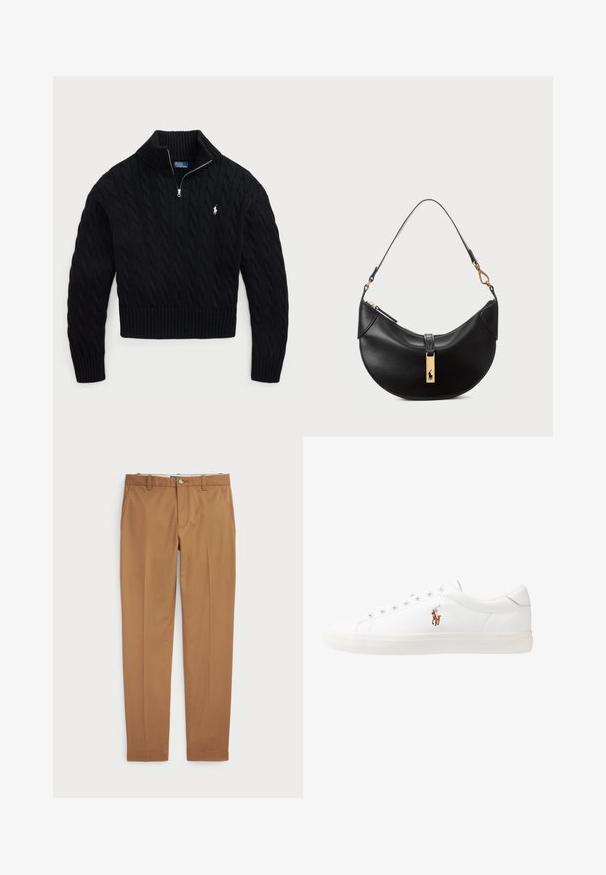 Must mustriga kõrge kaelusega, lukk ees ja ribakudumisega varrukad. Vasakul rinnal on väike logo.; Pruunist puuvillast valmistatud püksid, millel on slim-fit disain, lapik eesmine osa ja tavalised taskud; sile tekstuur ja ääristatud sääreotsad.; Valged nahast tossud, madala ülaservaga disain, millel on sile tekstuur, ümar varvas, nööridega esiosa ja väike tikand logoga küljel.; Must musträik maximum ümmargune nahk kott. Omab kuldse metallist aksessuaari ja kitsast rihma. Sile tekstuur, lukuga sulgemine üleval.