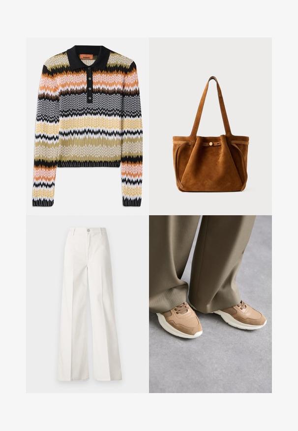 Garnitörsvet med flerfärgad zigzag-mönster, med svart krage och knappslå. Mjuk textur med långa ärmar och ribbade muddar.; Vita vida-byxor gjorda av bomull med en slät textur. Har en framknapp, gylf med dragkedja och fyra fickor.; Bruna sportskor med en blandning av släta läder- och mesh-material, med en vit gummisula och subtila perforeringsdetaljer.; Brun mockaskåpväska med dubbla handtag, ett knäppstängningsband och en avslappnad, något slapp form.